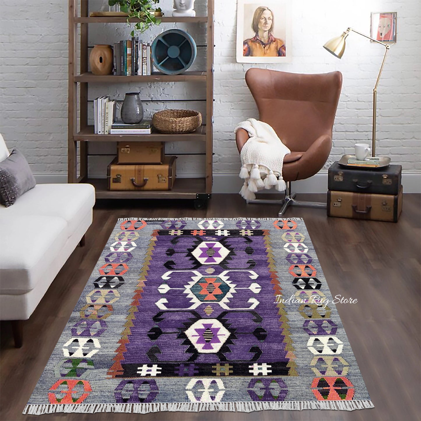 Purple and Gray Hand Woven Wool Area Rug for Living Room