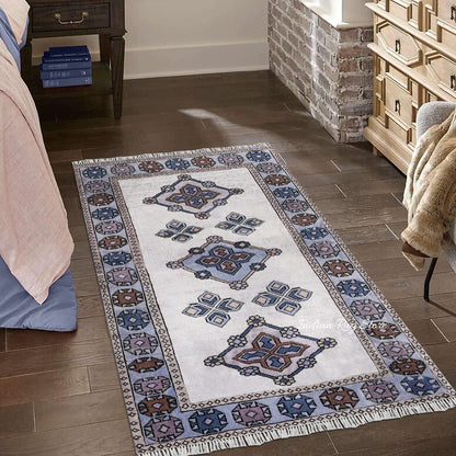 Natural Blue and Gray Bordered White Wool Area Rug