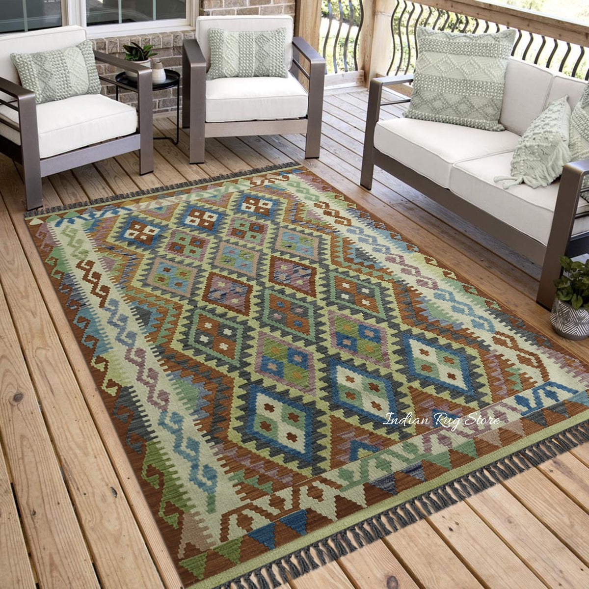 Green Hand Woven Wool Area Rug for Living Room Rug