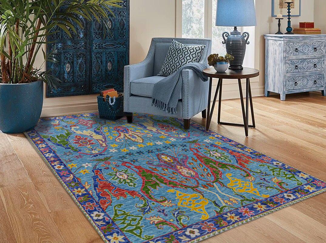 Blue Red Hand Knotted Wool Bedroom Doormats Rug