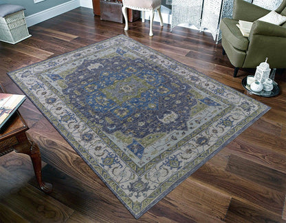 Dark Gray Blue Living Room Wool Hand Knotted Rug