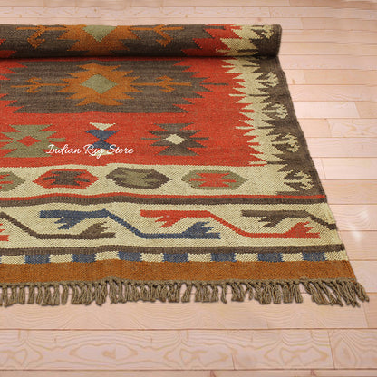 Indian Hand Woven Geometric Multicolor Brown Trendy Wool Jute Rug