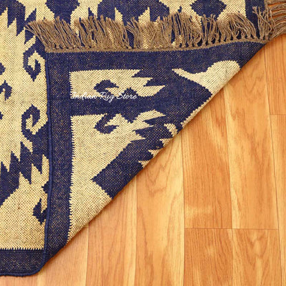 Indian Hand Woven Beige Navy Blue Dining Area Wool Jute Rug