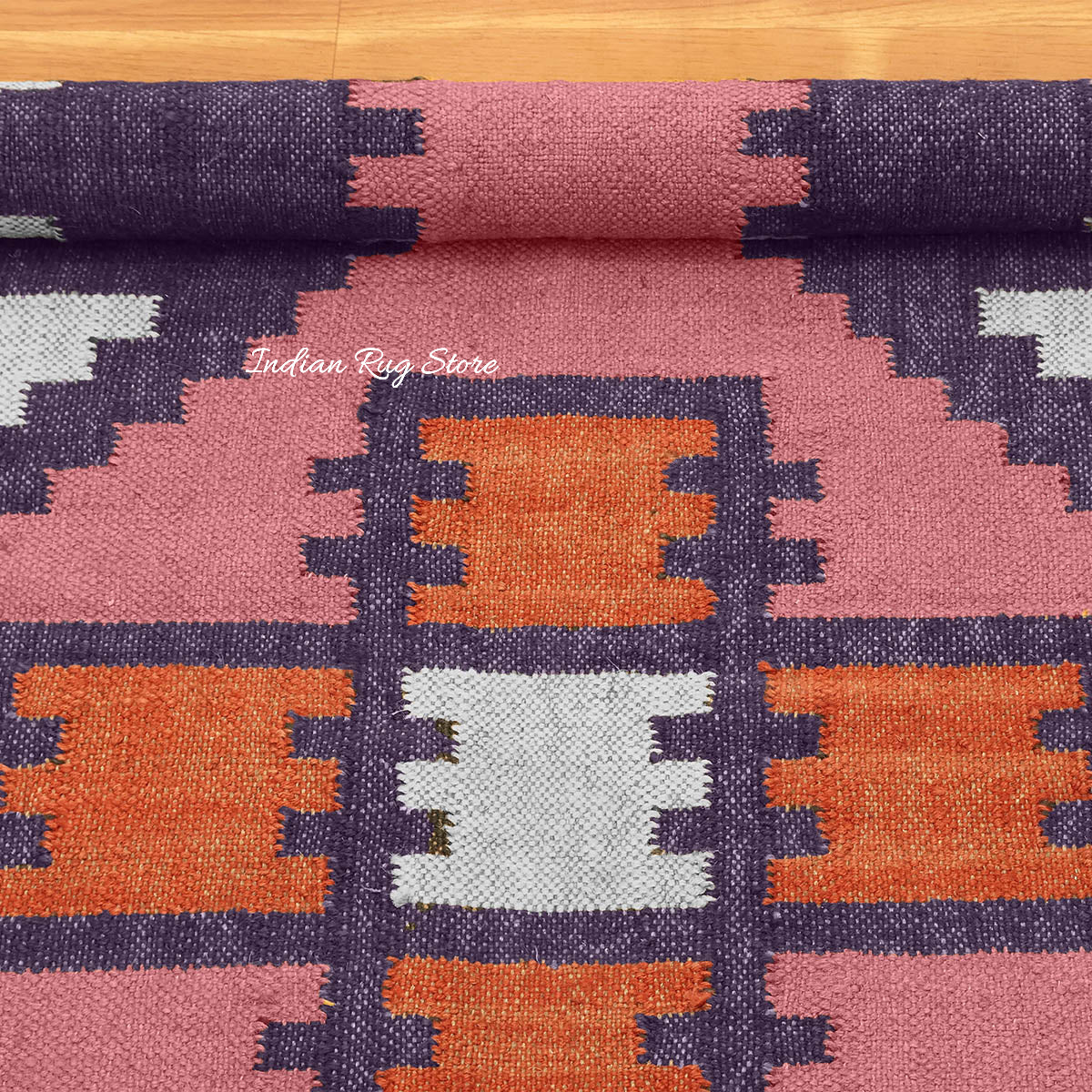 Rectangle Hand Woven Solid Pink Indigo Geometric Out House Wool Jute Rug