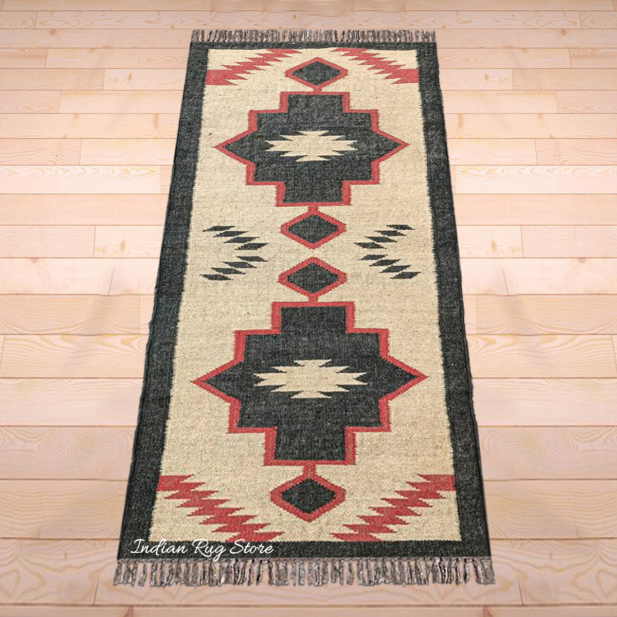 Indian Hand Woven Brown Black Geometric Hallway Decor Wool Jute Rug