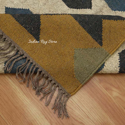 Indian Hand Woven Geometric Yellow Beige Wool Jute Rug