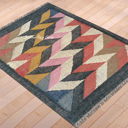 Indian Hand Woven Multicolor Geometric Home Decor Wool Jute Rug