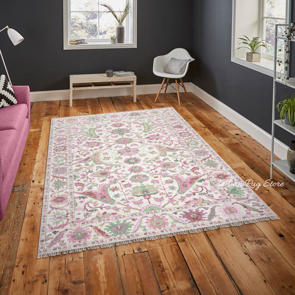 Pink And Green Multicolor Traditional Oushak Dining Room Rug