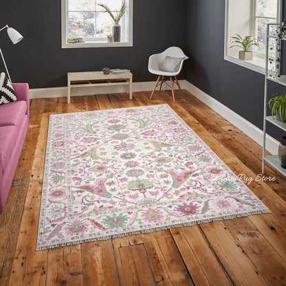 Pink And Green Multicolor Traditional Oushak Dining Room Rug