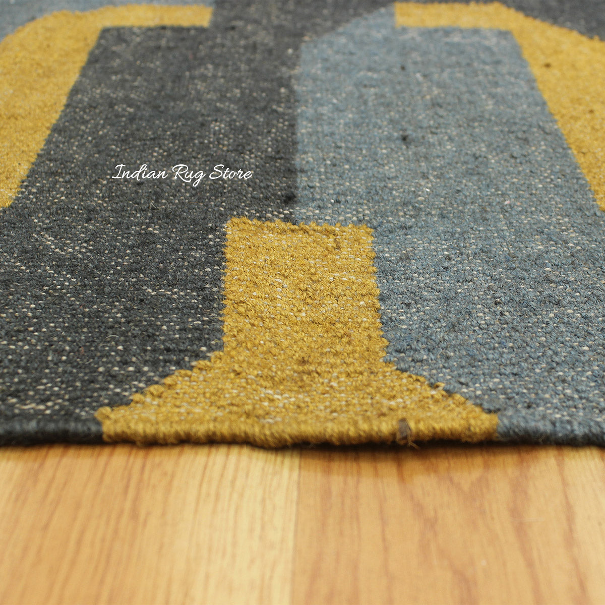 Indian Hand Woven Gray Yellow Musterd Geometric Wool Jute Rug