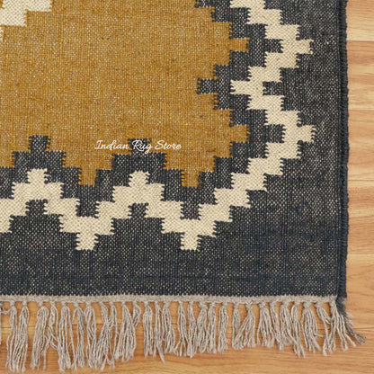 Indian Hand Woven Geometric Yellow Gray Wool Jute Rug