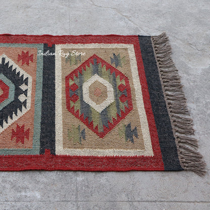 Red White Indian Hand Woven Geometric Dining Room Wool Jute Rug