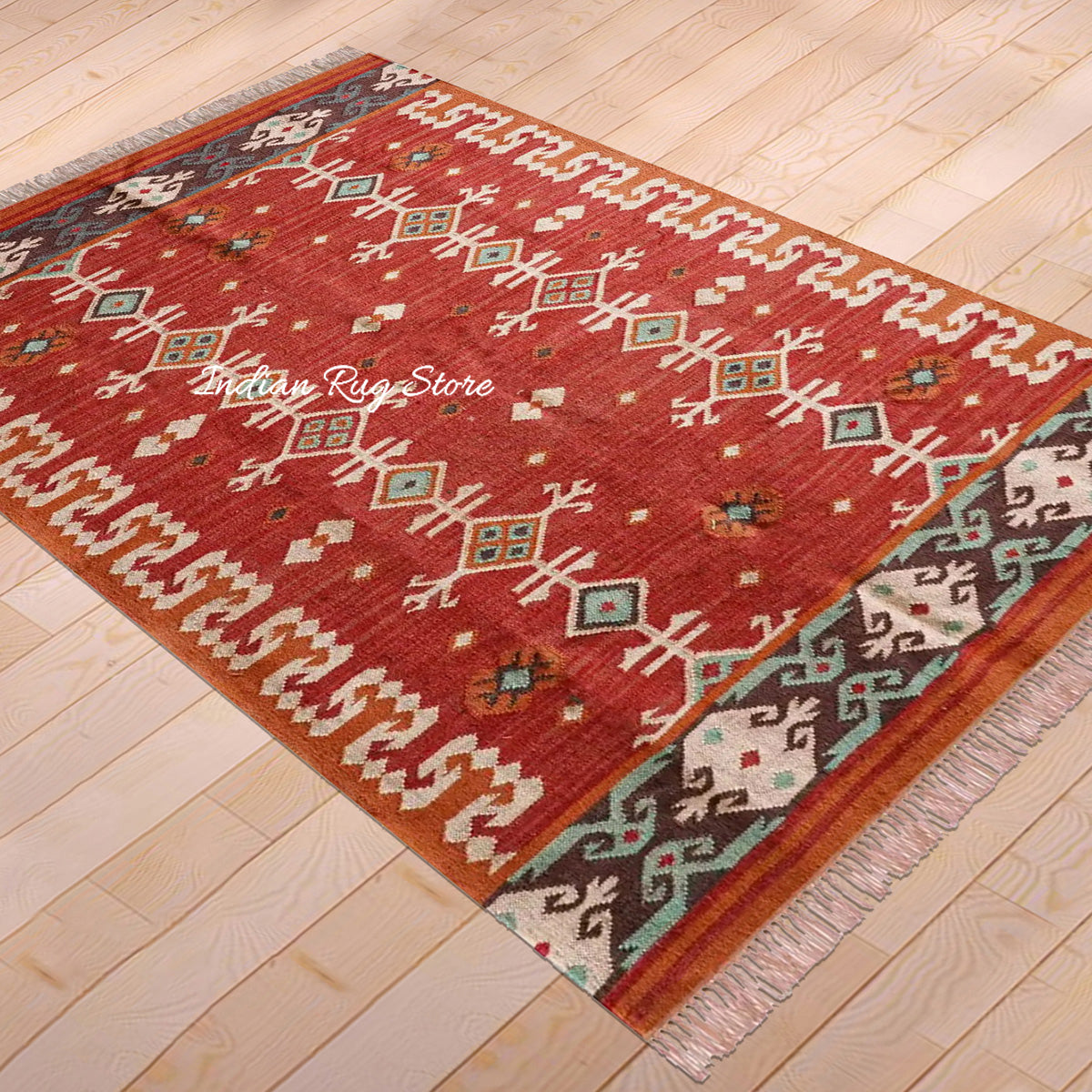 Red White Indian Hand Woven Geometric Trendy Wool Jute Rug