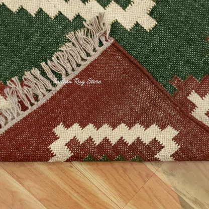 Geometric Hand Woven Dark Green Brown Interior Decor Wool Jute Rug