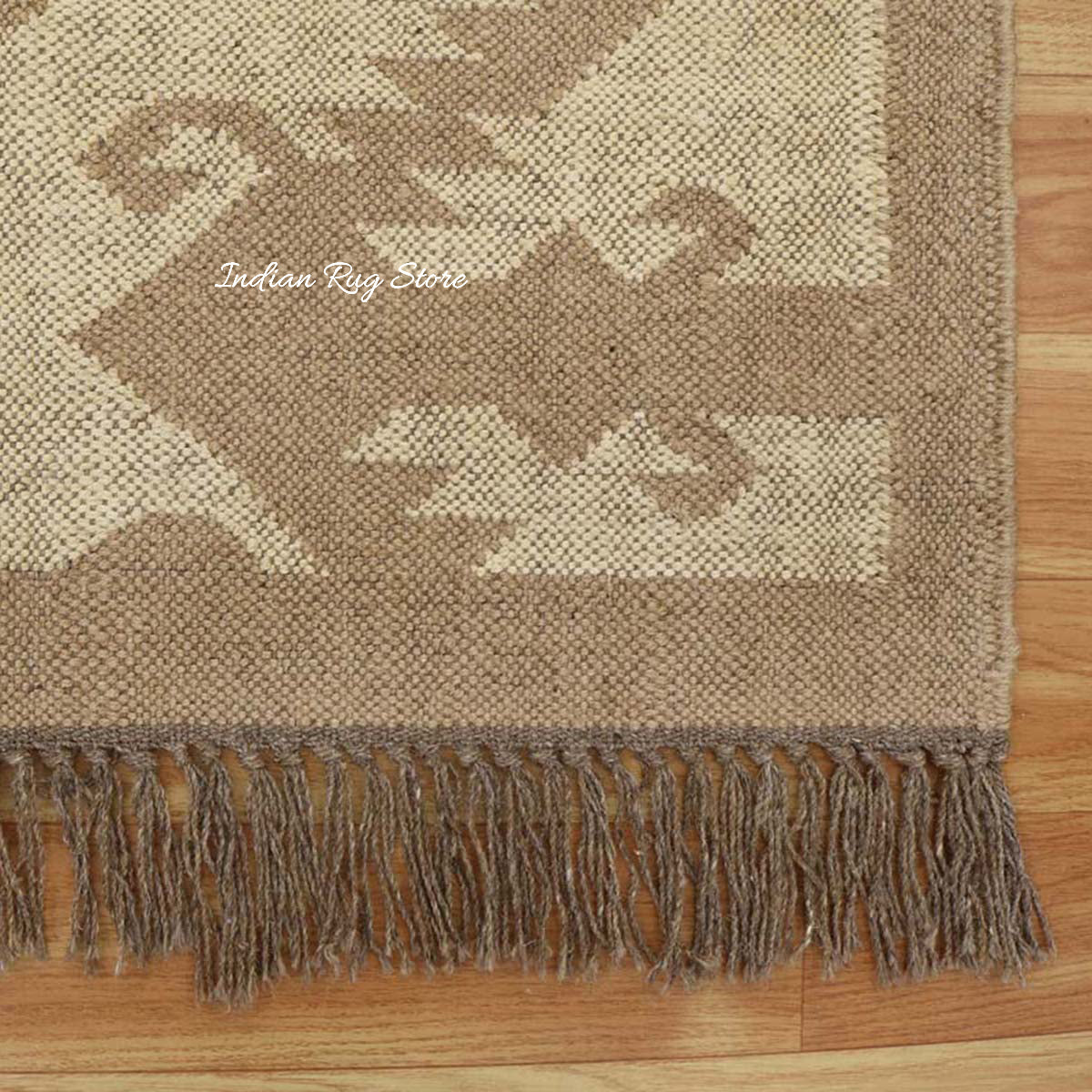 Indian Hand Woven Geometric Beige Brown Wool Jute Rug