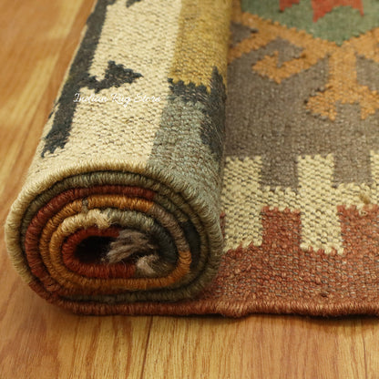 Indian Hand Woven Brown Multicolor Geometric Home Decor Wool Jute Rug