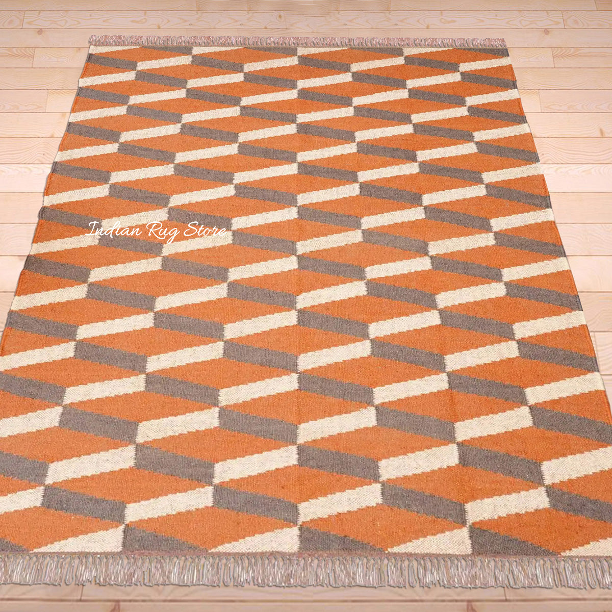 Orange Brown Indian Hand Woven Geometric Trendy Wool Jute Rug