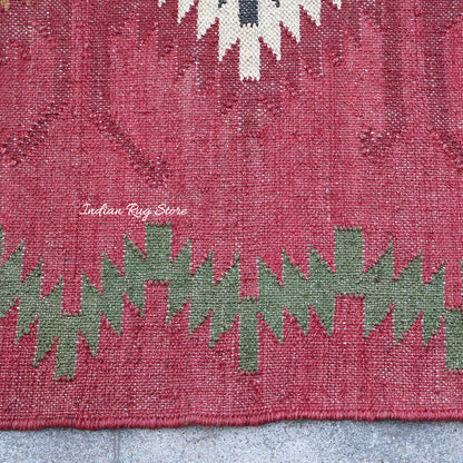 Gray Red Indian Hand Woven Geometric Dining Hall Wool Jute Rug