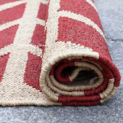 Red White Indian Hand Woven Geometric Dining Hall Beautiful Wool Jute Rug