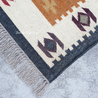 Beautiful Hand Woven Indian Geometric Traditional Multicolor Wool Jute Rug