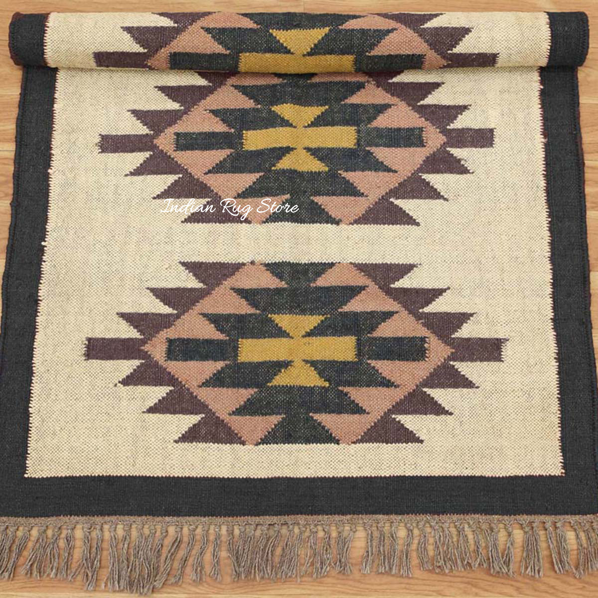 Multicolor Black Geometric Hand Woven Farm House Wool Jute Rug