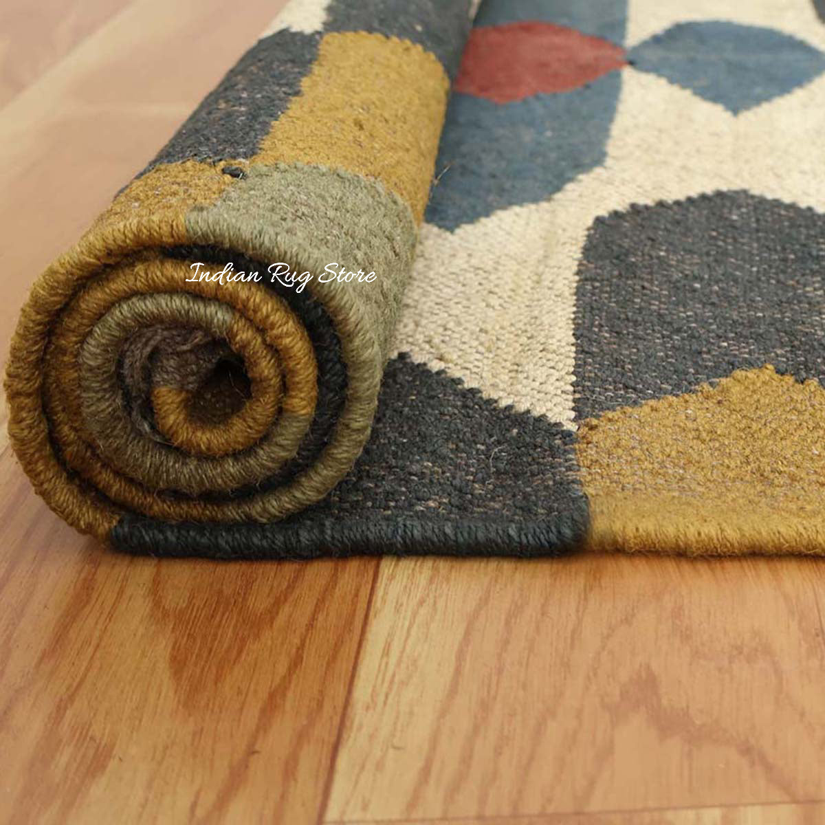 Indian Hand Woven Geometric Yellow Beige Wool Jute Rug