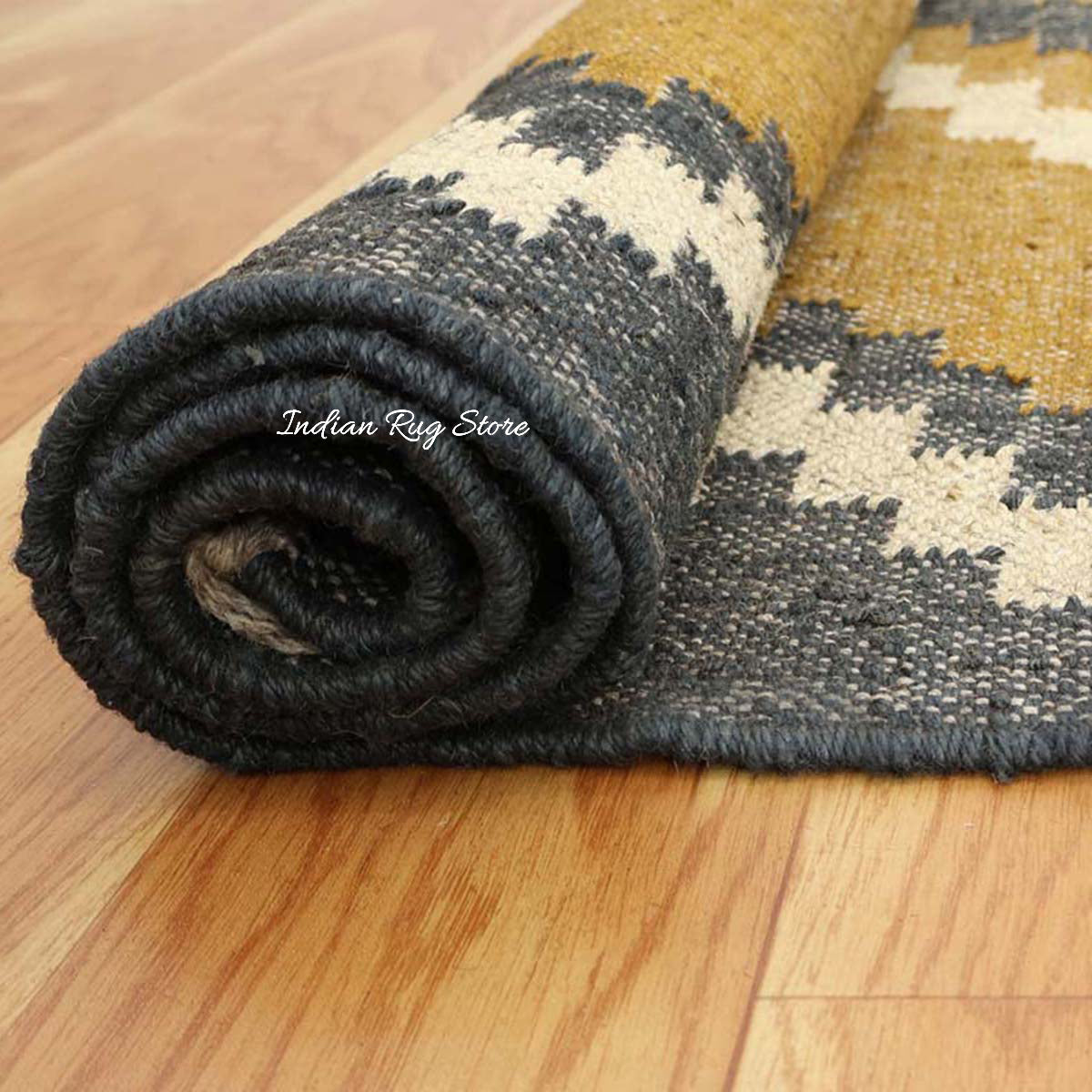 Indian Hand Woven Geometric Yellow Gray Wool Jute Rug