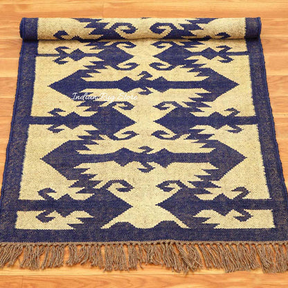 Indian Hand Woven Beige Navy Blue Dining Area Wool Jute Rug