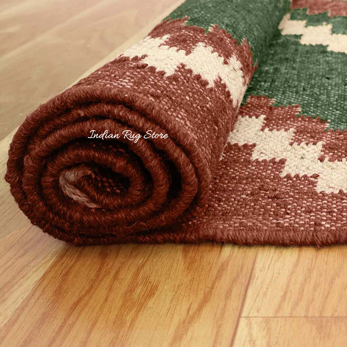 Geometric Hand Woven Dark Green Brown Interior Decor Wool Jute Rug