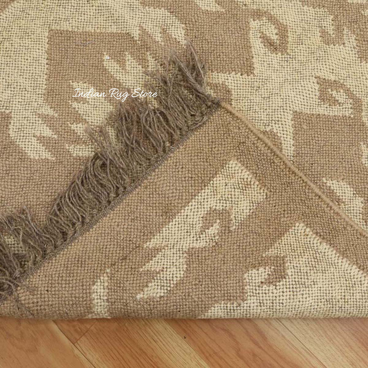 Indian Hand Woven Geometric Beige Brown Wool Jute Rug