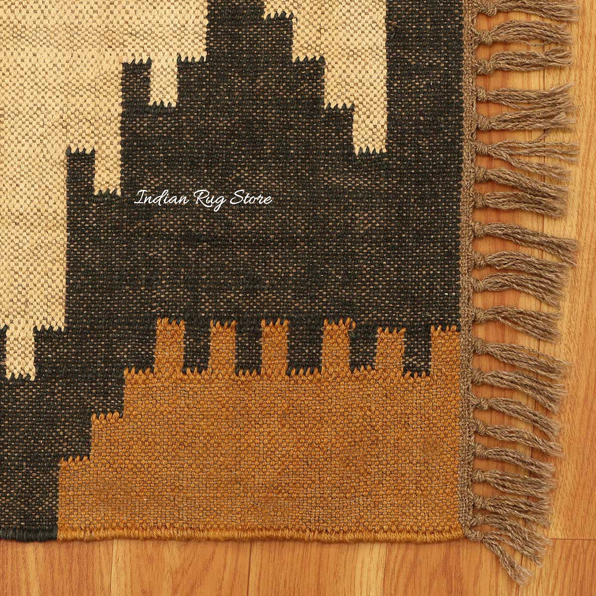 Hand Woven Geometric Beige Black Home Decor Wool Jute Rug