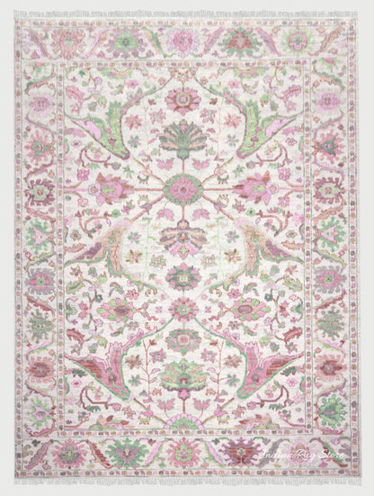 Pink And Green Multicolor Traditional Oushak Dining Room Rug