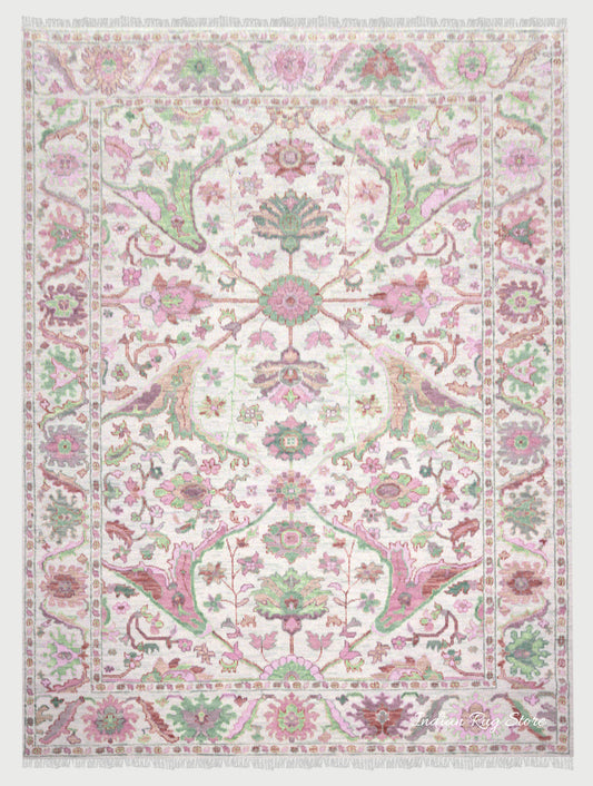 Pink And Green Multicolor Traditional Oushak Dining Room Rug