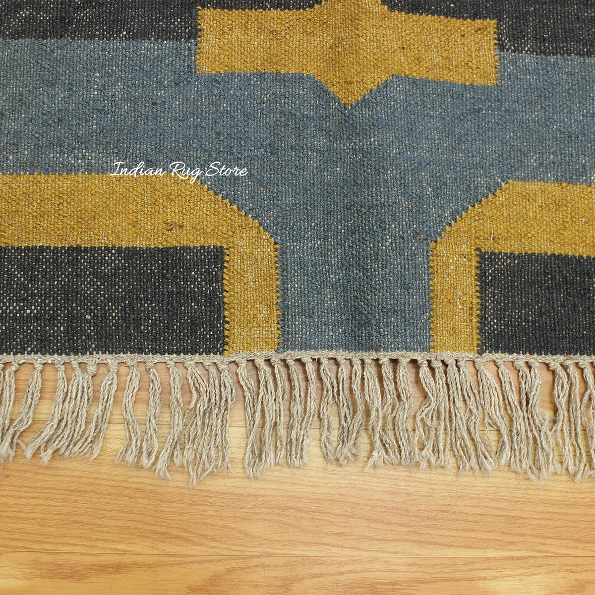 Indian Hand Woven Gray Yellow Musterd Geometric Wool Jute Rug