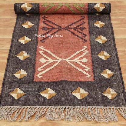 Tappeto da cucina marrone in kilim di juta intrecciato a mano indiano