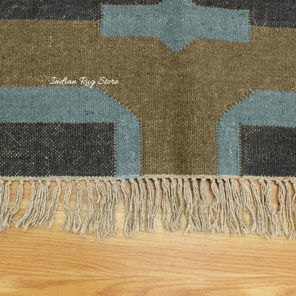 Hand Woven Farm House Decor Gray Grayish Brown Geometric Wool Jute Rug