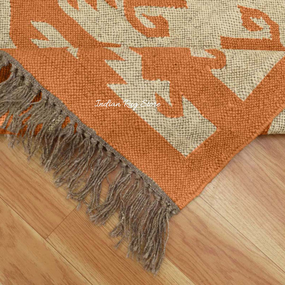 Indian Hand Woven Beige Orange Wool Dining Area Rug