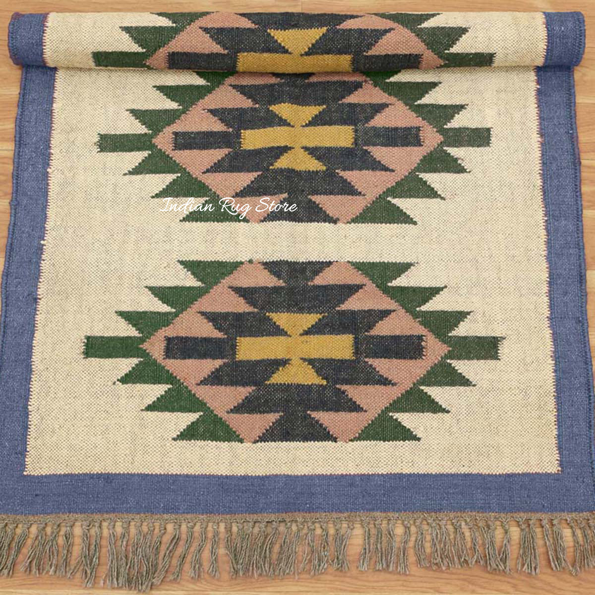 Geometric Indian Hand Woven Blue Beige Wool Jute Rug