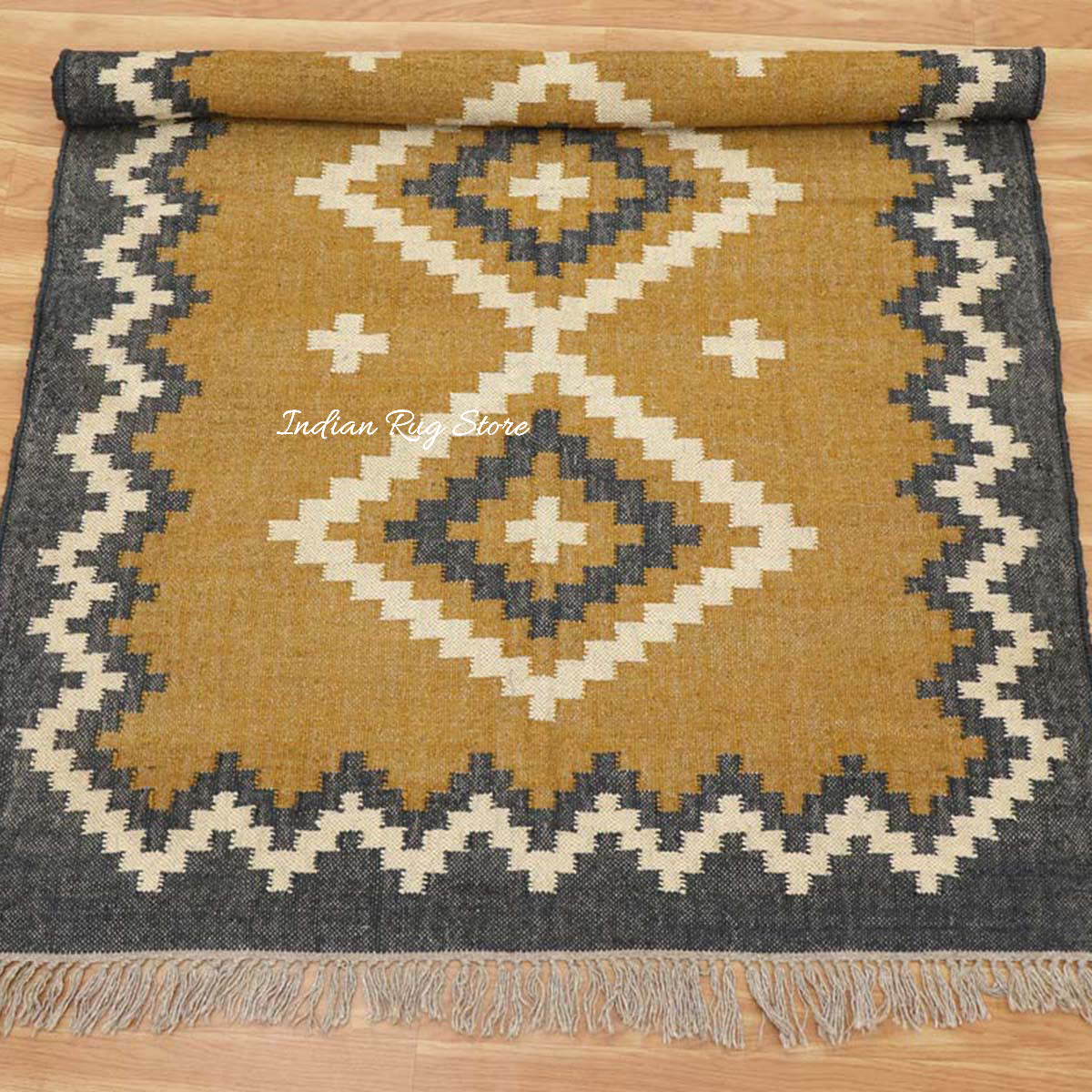 Indian Hand Woven Geometric Yellow Gray Wool Jute Rug