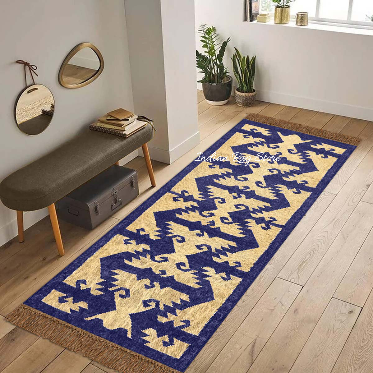 Indian Hand Woven Beige Navy Blue Dining Area Wool Jute Rug