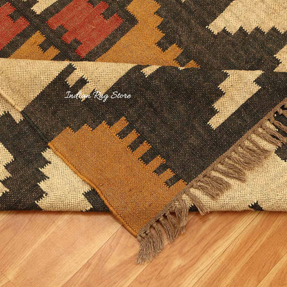 Hand Woven Geometric Beige Black Home Decor Wool Jute Rug