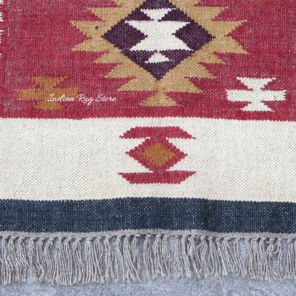 Beautiful Hand Woven Indian Geometric Traditional Multicolor Wool Jute Rug