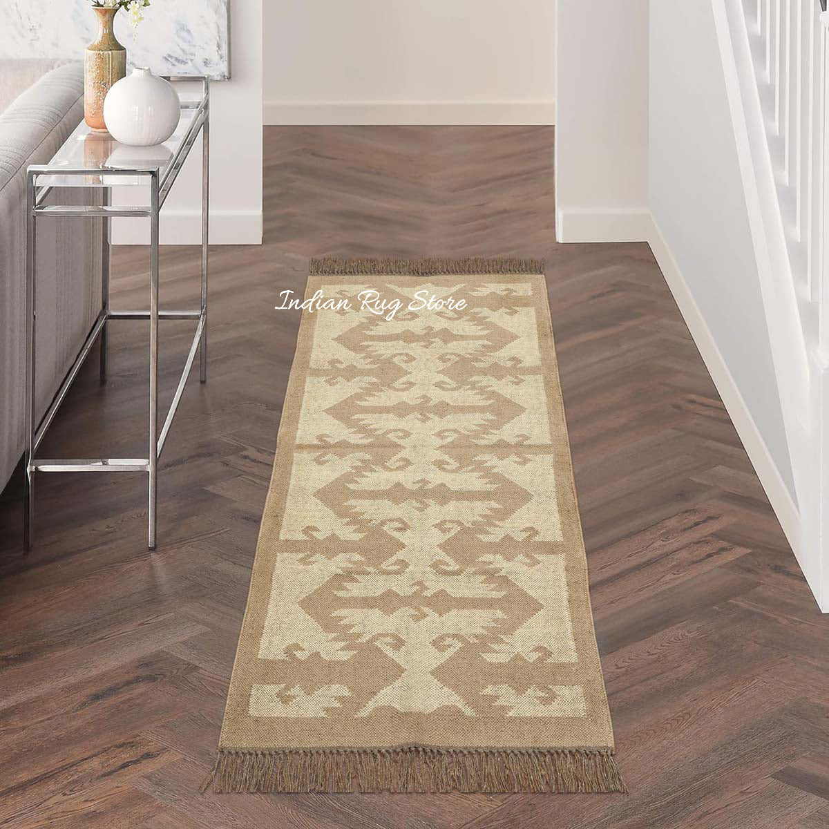 Indian Hand Woven Geometric Beige Brown Wool Jute Rug