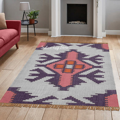 Rectangle Hand Woven Solid Pink Indigo Geometric Out House Wool Jute Rug