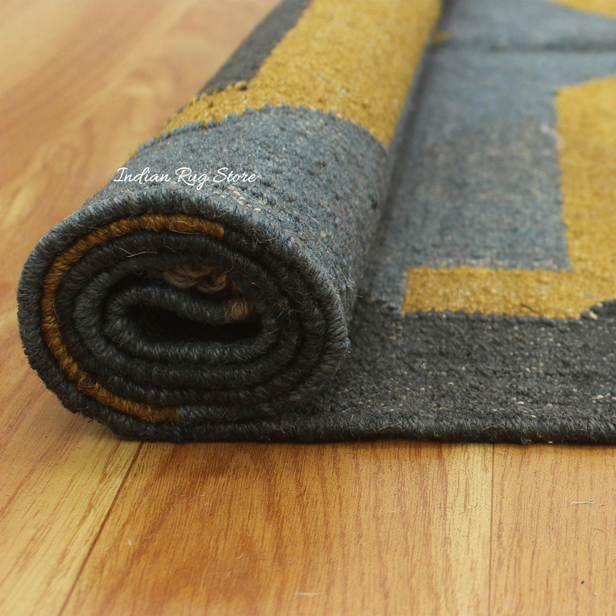 Indian Hand Woven Gray Yellow Musterd Geometric Wool Jute Rug