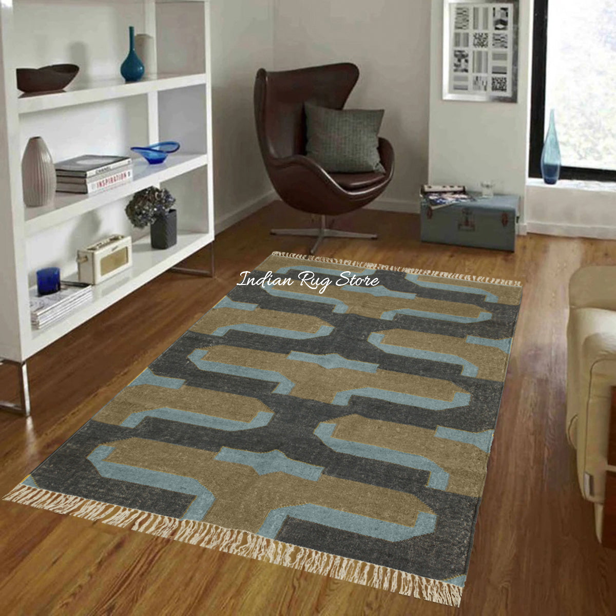 Hand Woven Farm House Decor Gray Grayish Brown Geometric Wool Jute Rug