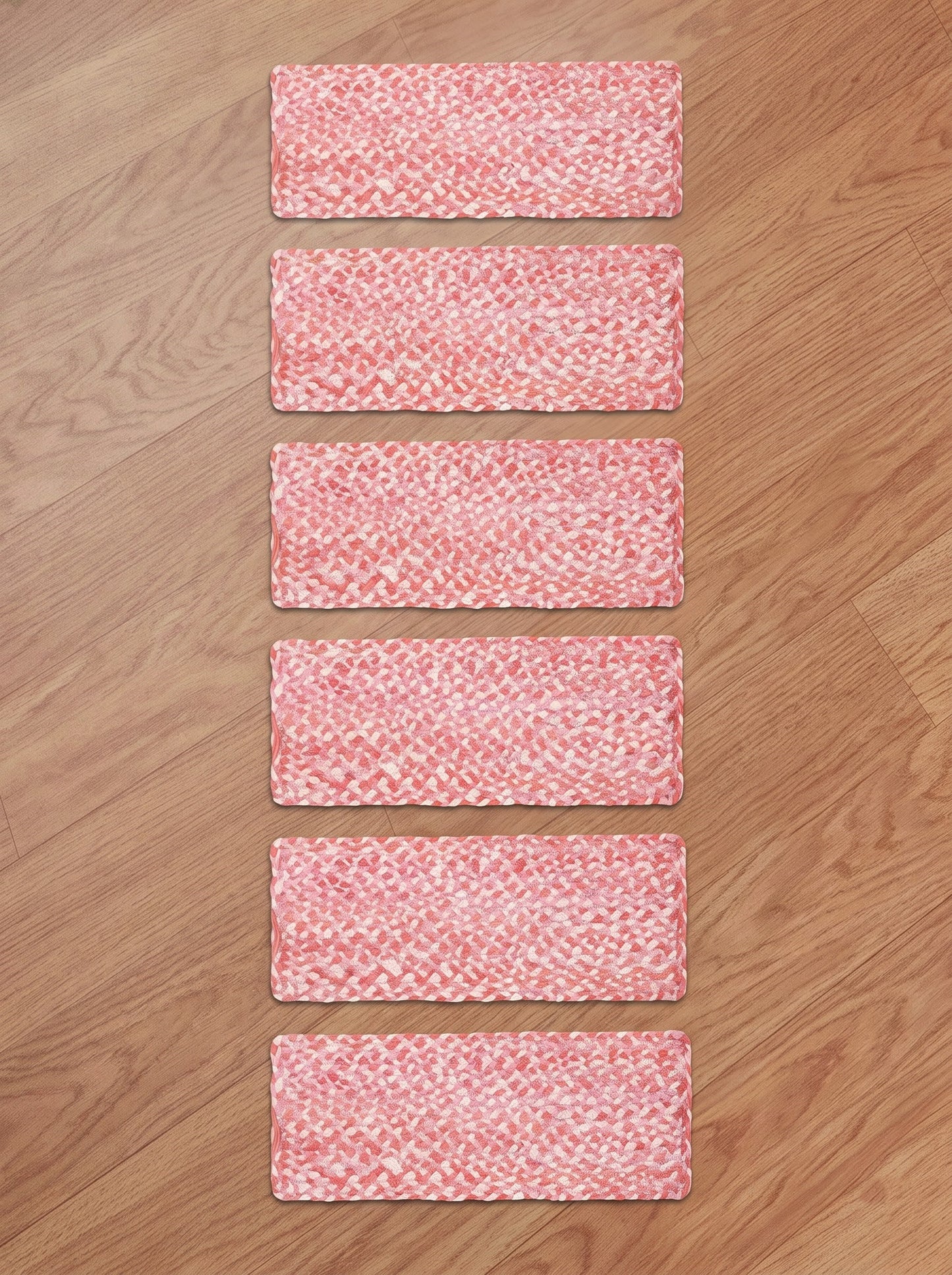 Hand Braided Chindi Stair Treads, Pink & White Cotton Boho Jute Rug