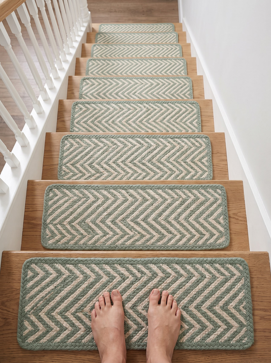 Celadon Green Handwoven Flame Stitch Stair Tread Mats, Rounded Corners, Cottage Style Decor