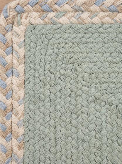 Handmade Eucalyptus Green Stair Treads, Braided Design with Tweed Border, Japandi Decor