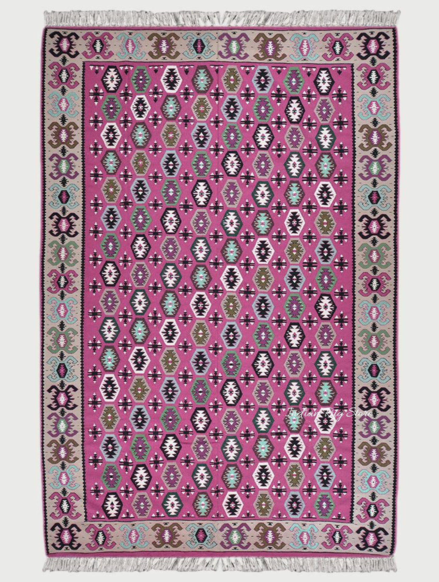 Indian Traditional Pink Hand Woven Cotton Kilim Rug For Yoga Hall Mat CK-511